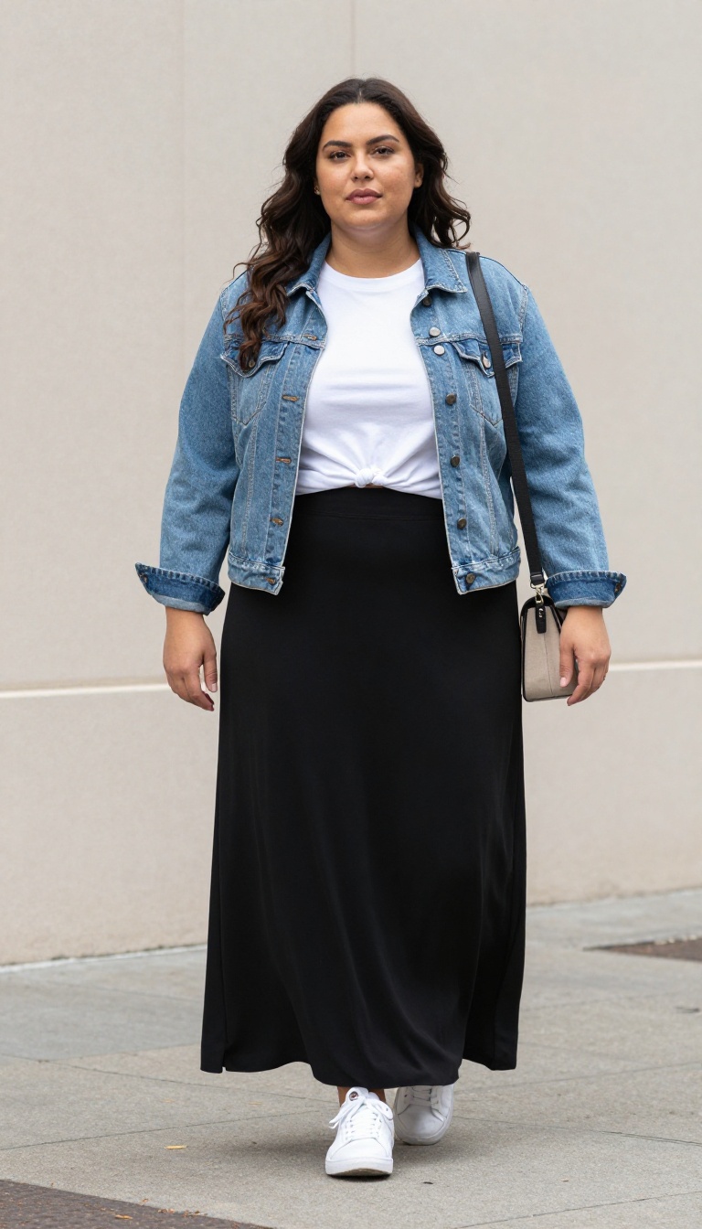 6. Black Maxi Skirt with a Cropped Denim Jacket and White Tee