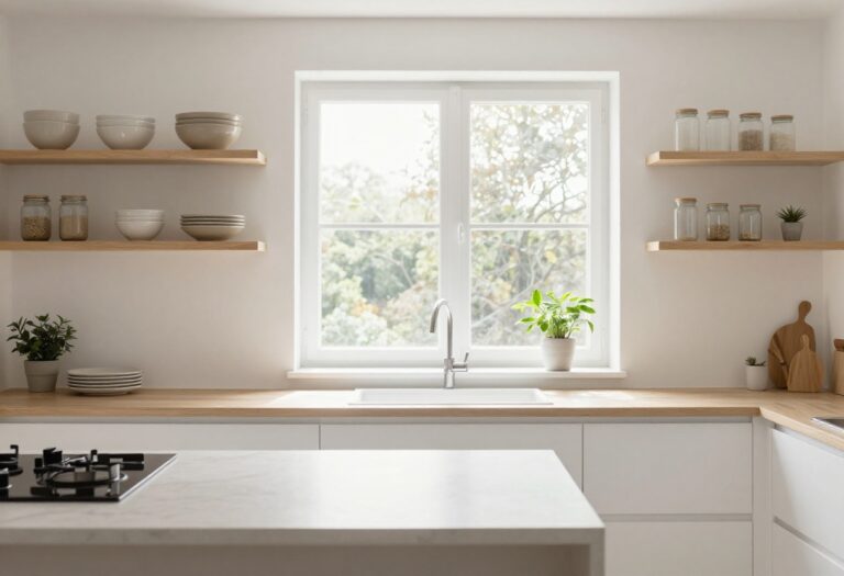 Bright modern kitchen with wooden floating shelves above the counter, styled with ceramics, plants, and glass jars for smart storage