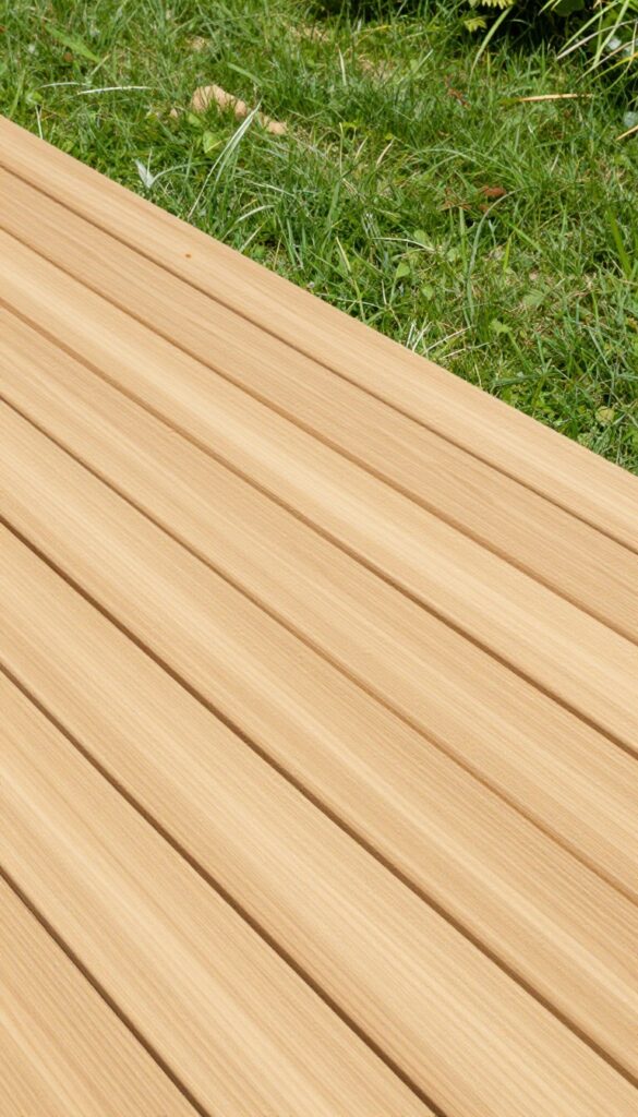 Smooth plywood deck skirting panels painted to match a wooden deck, creating a seamless clean base beneath outdoor furniture and landscaping in bright natural light.