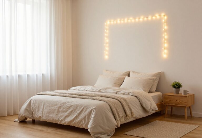 Cozy small bedroom with warm white fairy lights framing the bed in a soft rectangular shape on the wall behind it, creating a warm glow in a compact, tidy space