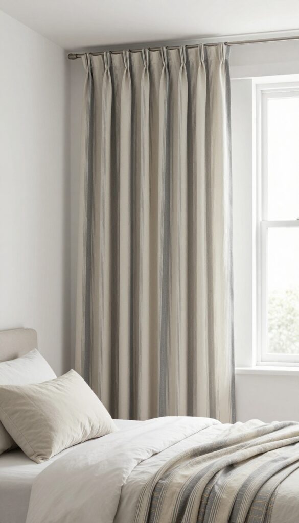 Bright neutral bedroom with bold vertical striped curtains as a statement piece, styled with matching pillows and a throw on a simple bed in natural daylight.