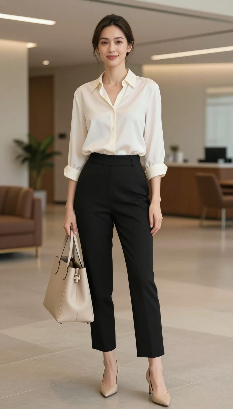 8. Pencil Skirt with a Silk Blouse and Heels