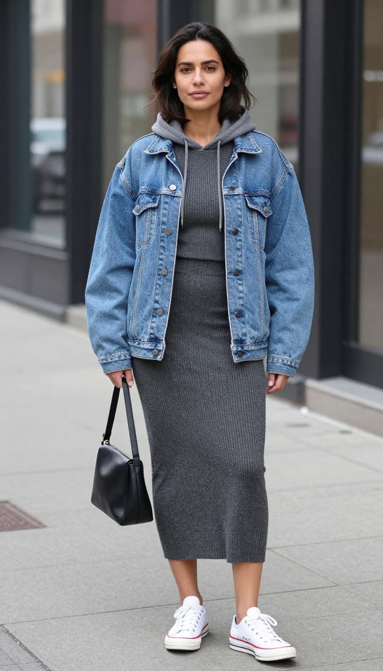 2. Charcoal Ribbed Skirt with Oversized Denim Jacket and White Sneakers