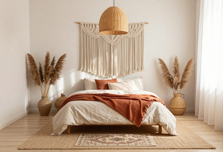 Cozy bohemian bedroom with layered jute and patterned rugs, macramé wall hanging, layered earthy bedding, and plenty of plants in bright natural light.