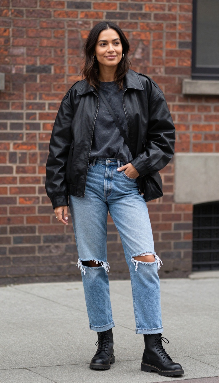 4. Leather Jacket with a Band Tee and Ripped Jeans