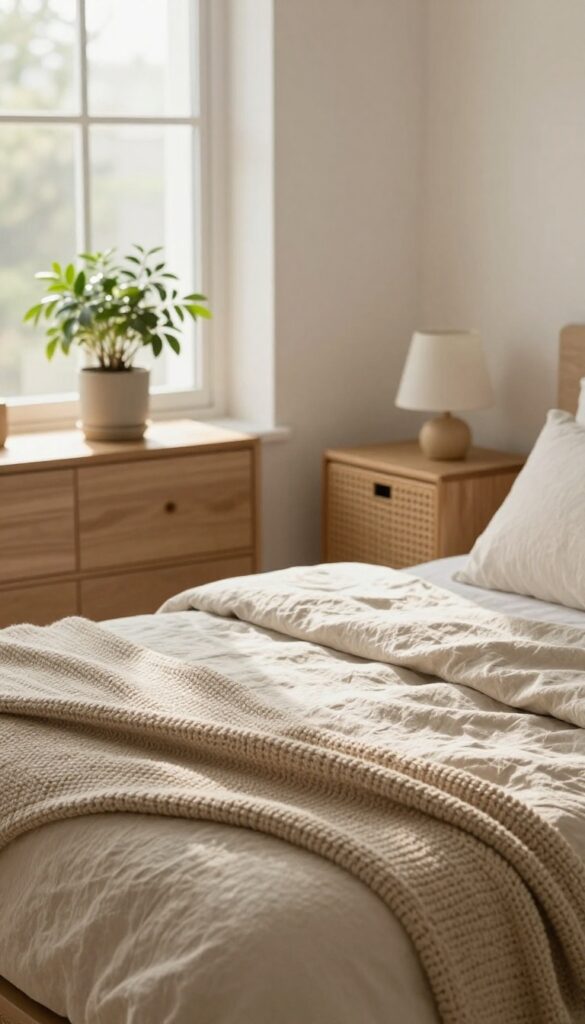Bright calm bedroom corner with a small potted plant on a light wood dresser, a woven basket, and earthy neutral linen bedding in soft natural light