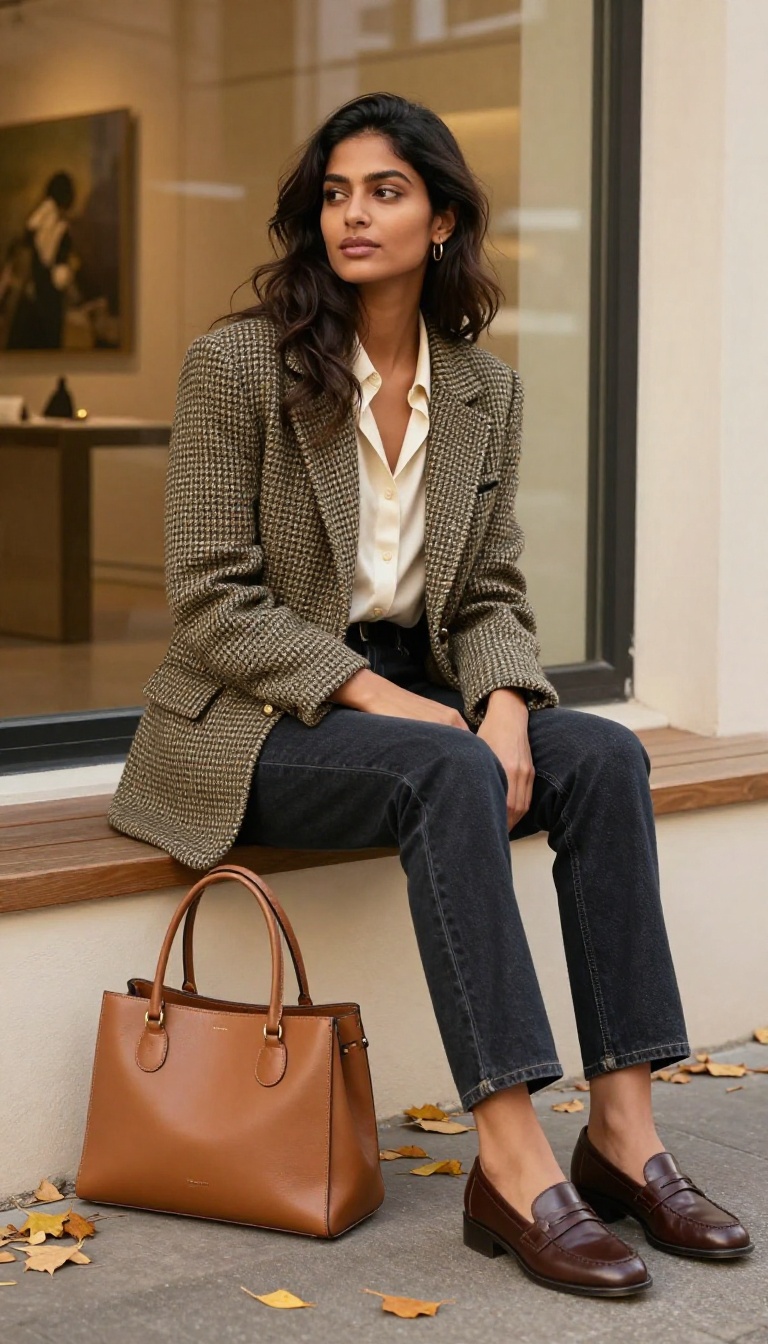 2. Tweed Blazer with Straight-Leg Jeans