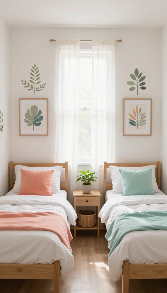 Bright small shared bedroom for two sisters with twin beds, each styled with individual accent pillows and matching frames holding different art prints, balanced coordinated decor.