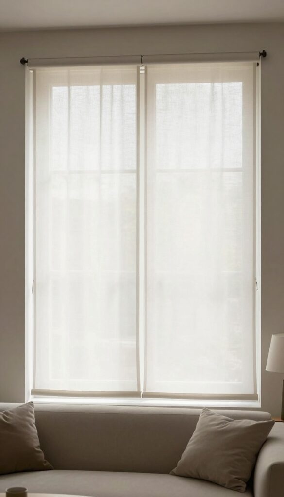 Layered sheer and blackout roller blinds on a bright modern living room window with soft neutral furnishings