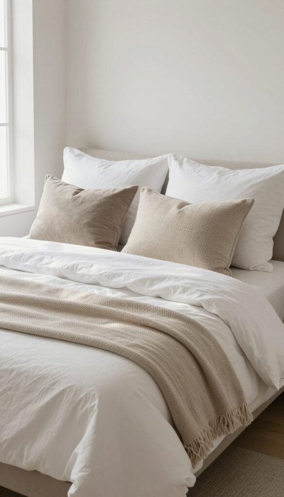 Bright bedroom bed styled with layered mixed-size pillows in varied textures, including sleeping pillows, rectangular shams, a square boucle accent pillow, and a linen lumbar pillow in a relaxed arrangement.