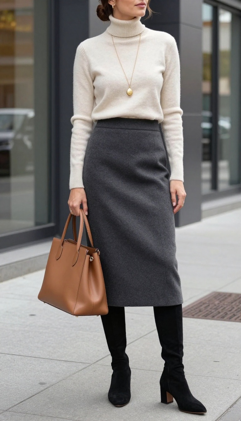 13. Wool Skirt with Heeled Mules and a Turtleneck Sweater