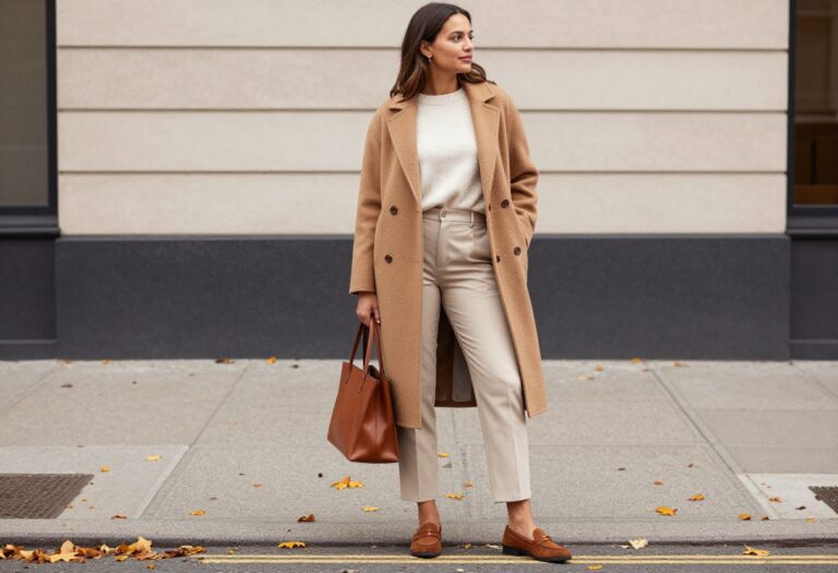 Woman in camel coat and cashmere sweater, old money autumn outfit