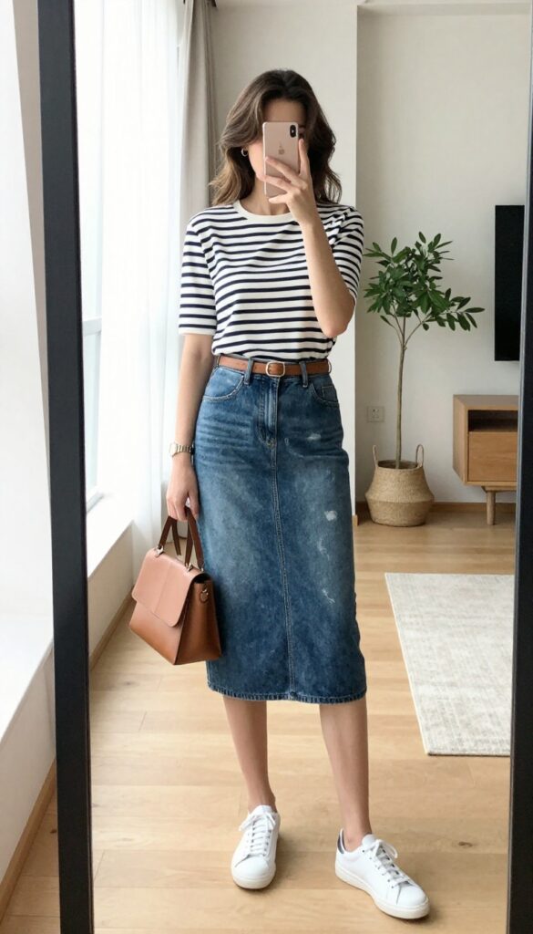 Woman in a striped Breton top tucked into a mid-wash denim skirt with a tan belt, white sneakers, and a crossbody bag, taking a mirror selfie in a bright, minimal setting.
