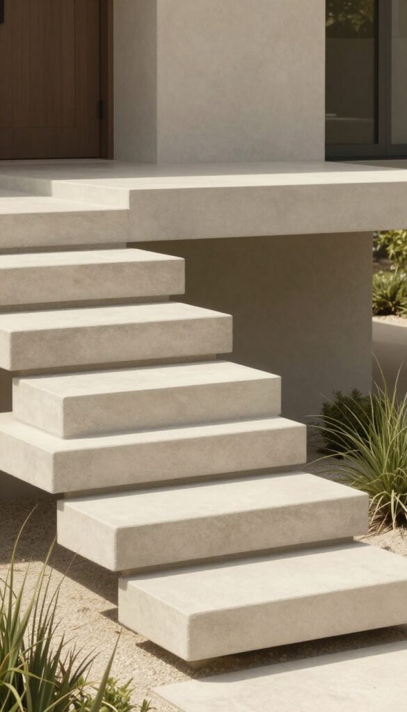 Modern floating concrete steps with open gaps underneath, leading to a home entrance with simple landscaping in bright natural light