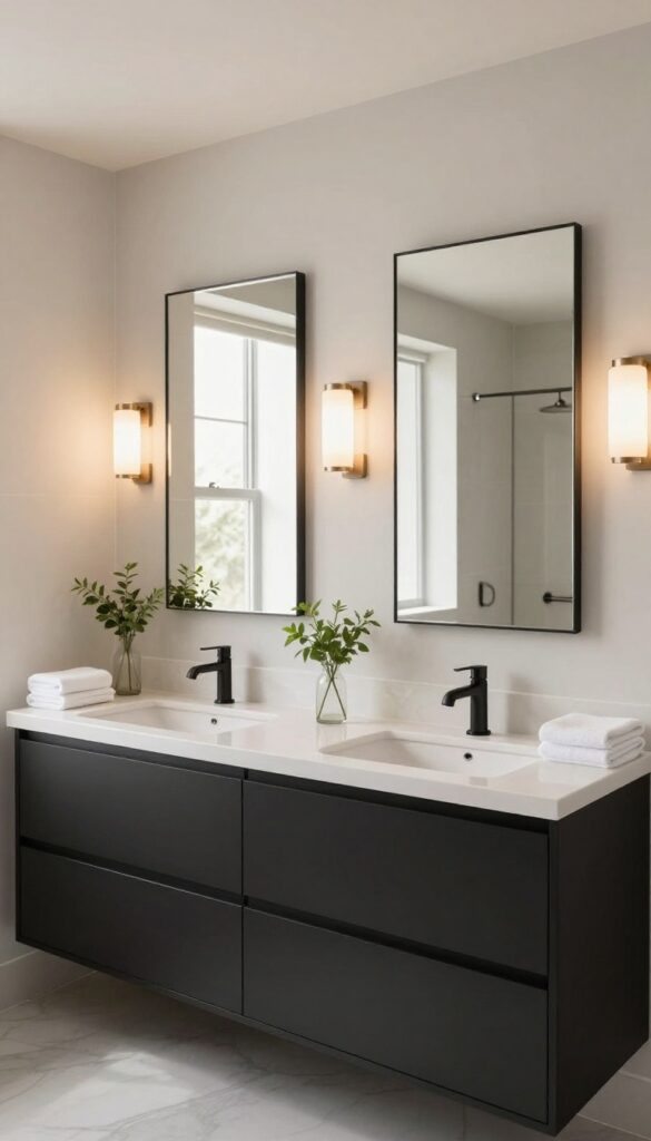 Bright double sink bathroom vanity with matching mirrors and bold warm sconce lighting above each sink