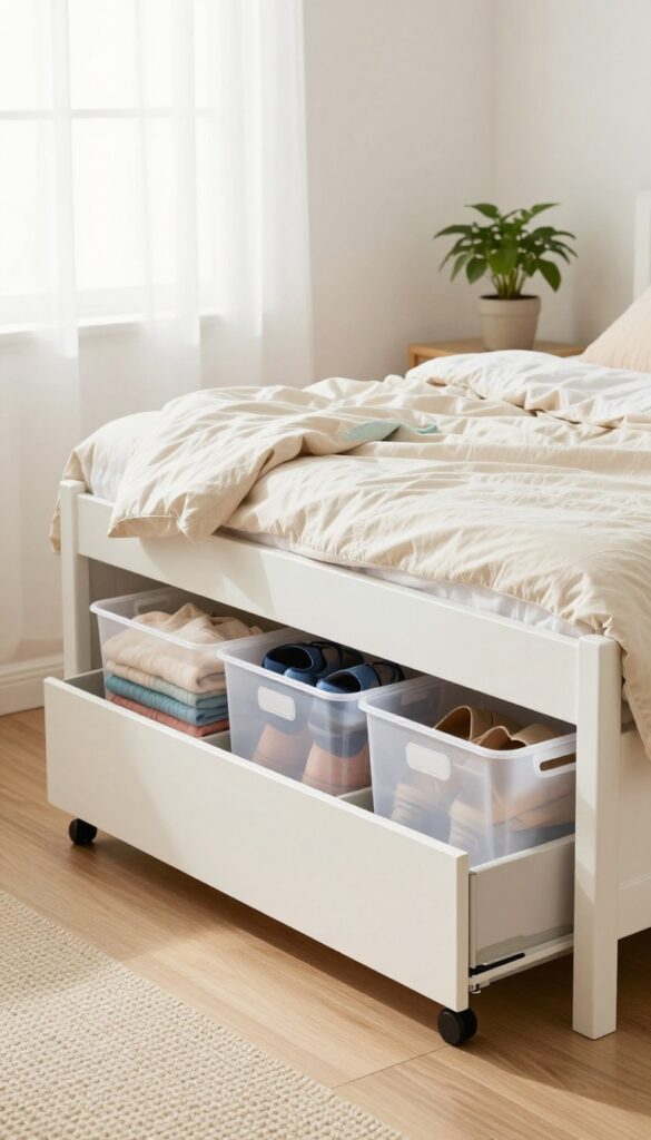 Bright teen girl bedroom with neatly organized under-bed storage bins and rolling drawers beneath a white bed