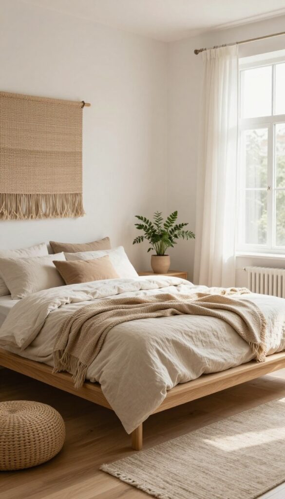 Bright bohemian bedroom with a low wooden platform bed, oversized linen bedding, floor poufs, plants, and a woven wall hanging in natural light