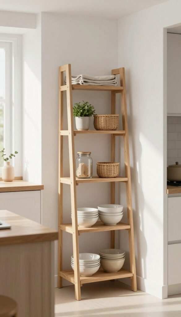 Wooden ladder-style shelving unit in a bright kitchen holding baskets, bowls, a plant, and jars against a white wall with natural light.