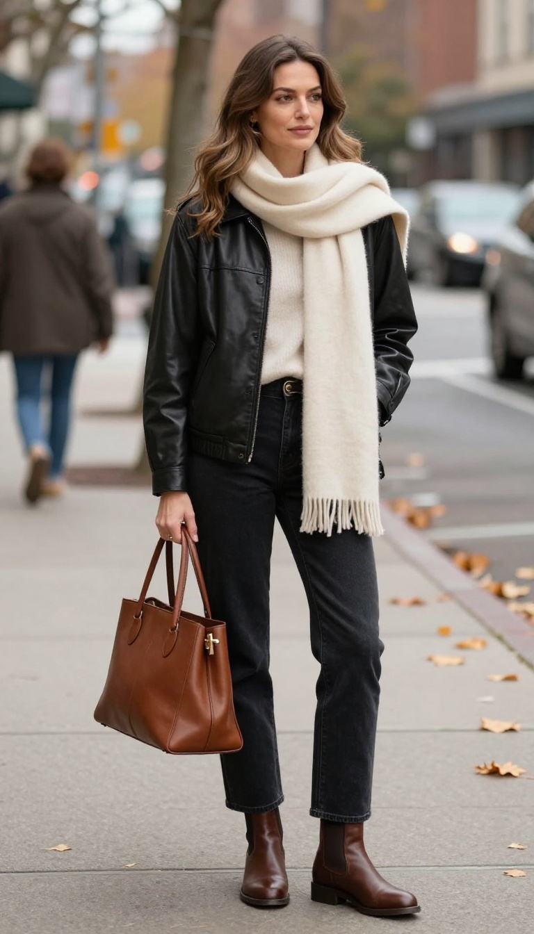 8. Leather Jacket Over a Cashmere Scarf