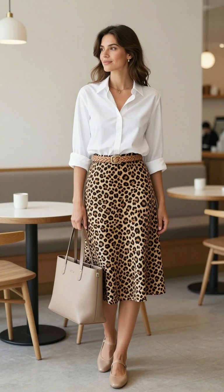 5. White Button-Down and Leopard A-Line Skirt