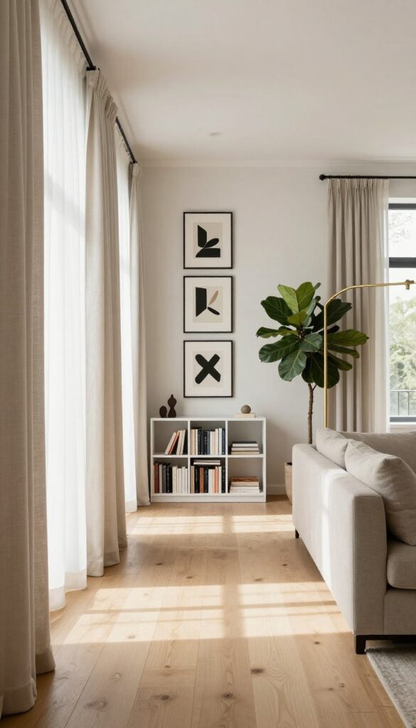 Bright long living room balanced with a tall white bookcase, stacked vertical artwork, floor-to-ceiling curtains, a slim brass floor lamp, and a tall potted plant, all drawing the eye upward.