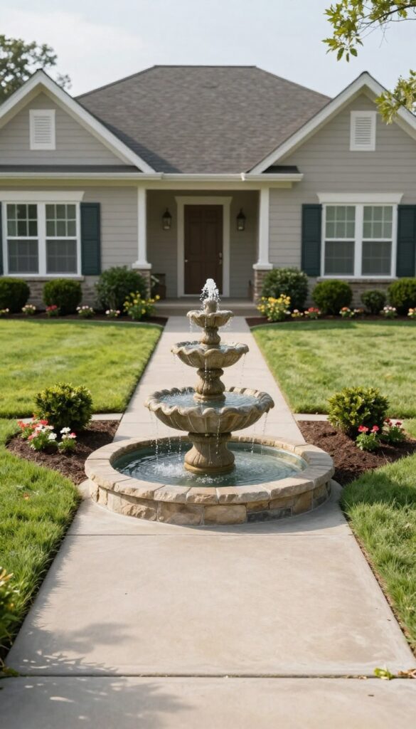 Classic three-tiered stone fountain centered on a walkway in a bright front yard with symmetrical landscaping and low shrubs