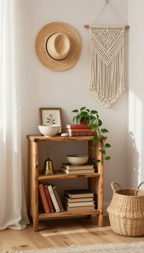Bright bohemian bedroom corner with a wooden shelf holding personal keepsakes like a straw hat, handmade bowl, vintage books, and a framed pressed flower, styled with layered textiles and a trailing plant in natural light.