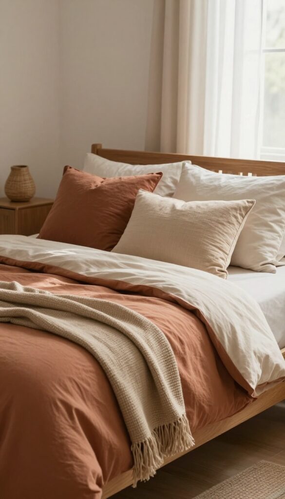 Cozy bedroom with earth-tone bedding in terracotta, olive, sand, and clay shades, styled with textured pillows and a woven throw blanket on a wooden bed in bright natural light