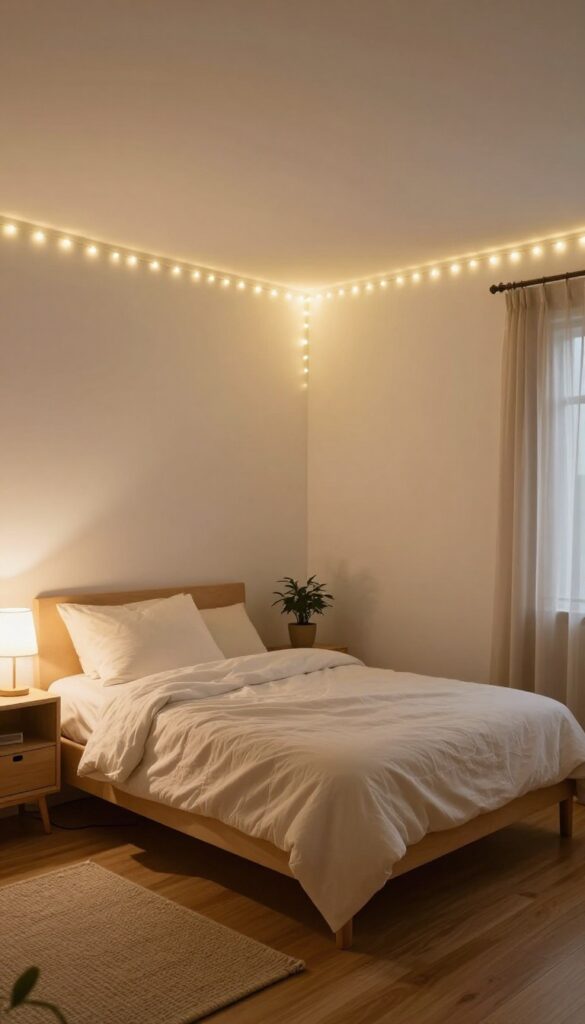 Cozy small bedroom at night with warm fairy lights running along the ceiling edges, casting a soft glow over a neatly made bed and simple decor