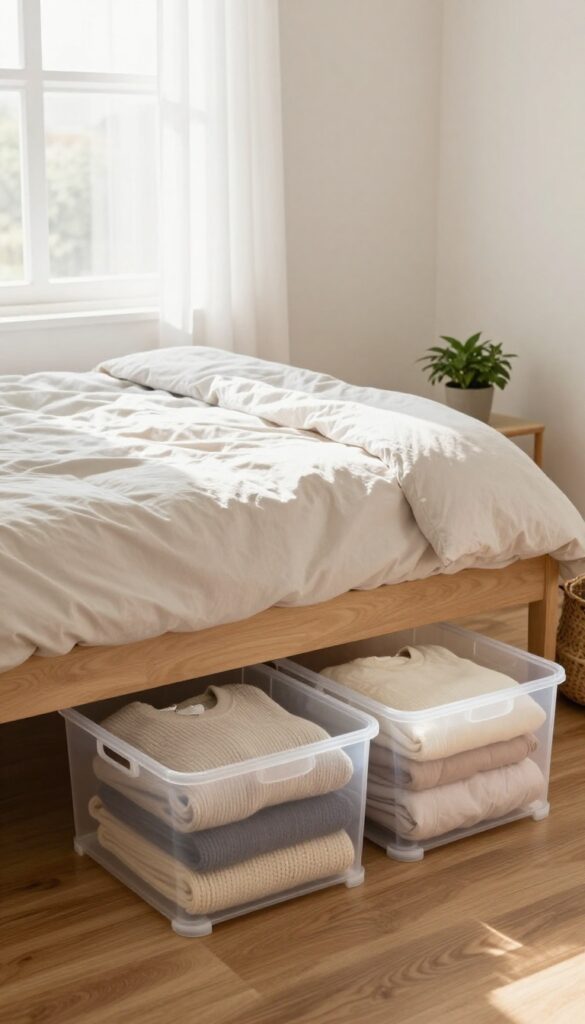 Small shared bedroom with a clear rolling storage bin slid out from under the bed, holding neatly folded clothes and bedding in bright natural light