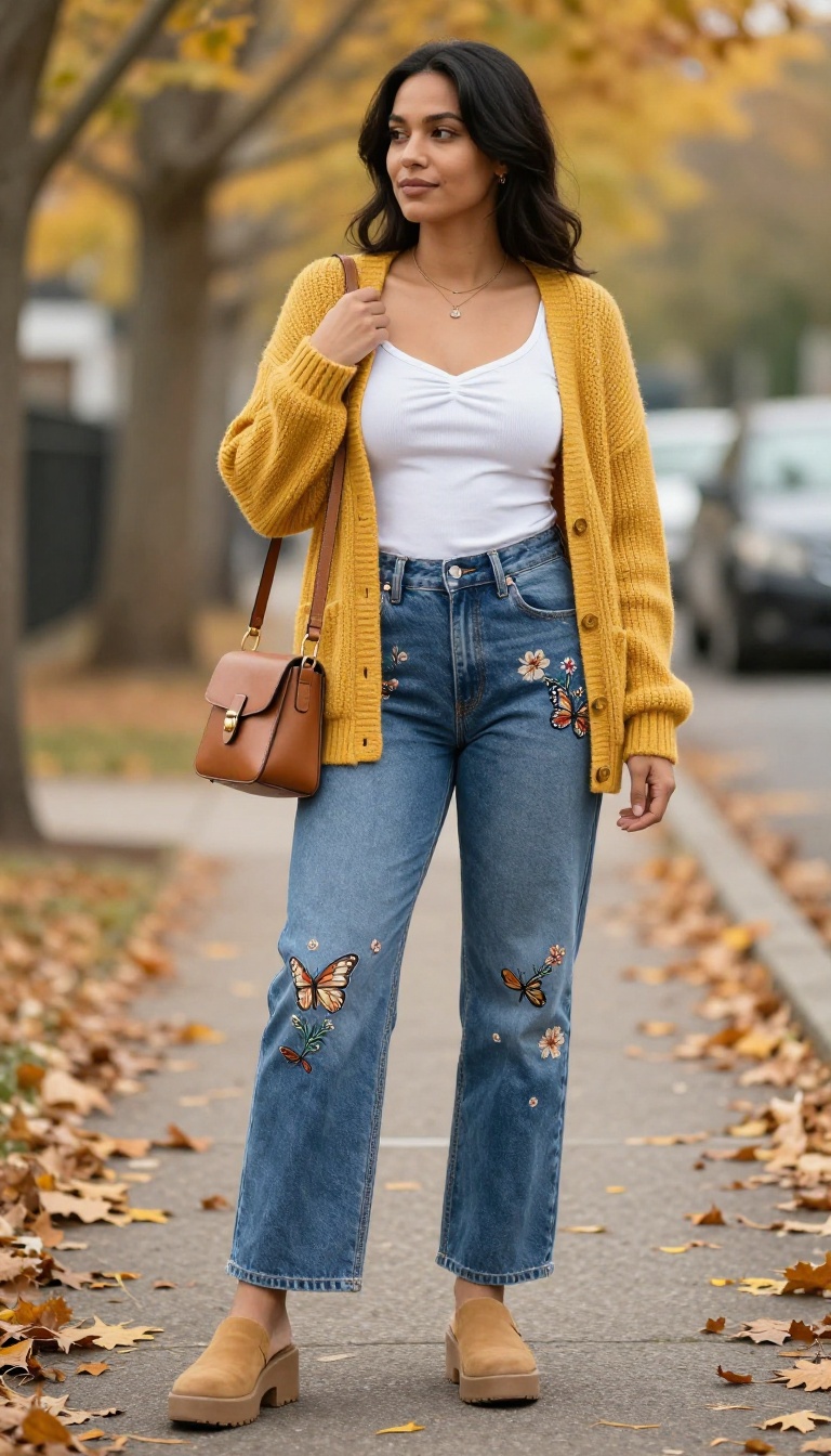 4. Embroidered Jeans with a Ribbed Tank and Cardigan