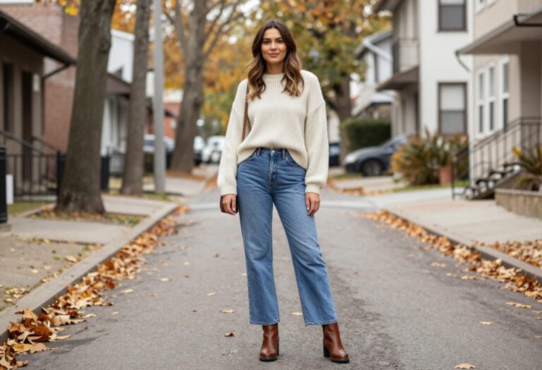 Woman wearing straight wide leg jeans, chunky knit sweater, and ankle boots standing on an autumn street.