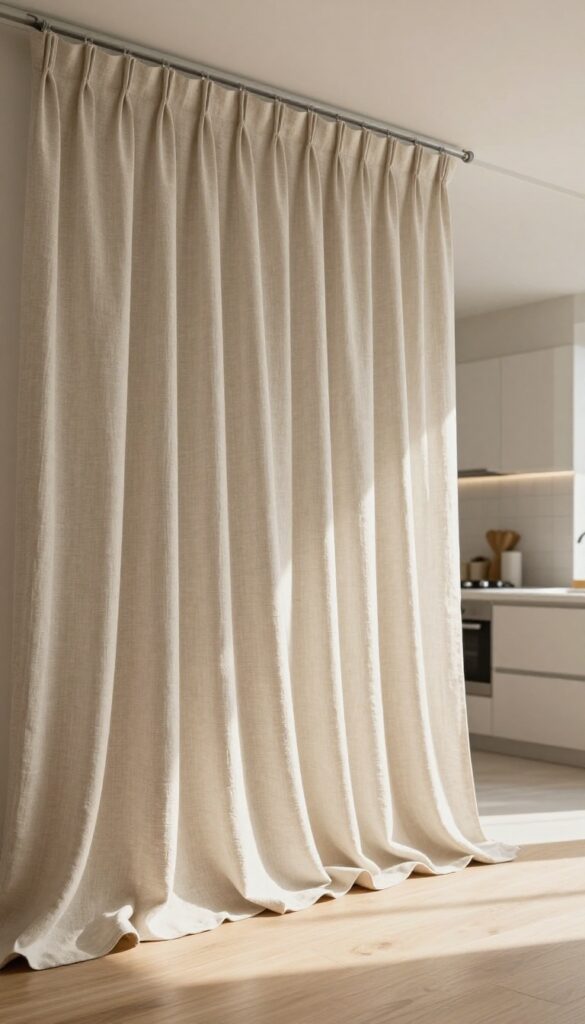 Soft neutral floor-length linen curtain partition hung from a ceiling rod dividing an open kitchen from a living space in bright natural light.