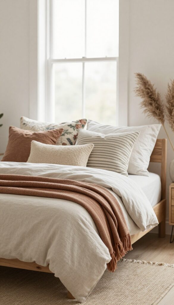 Bohemian bedroom bed layered with a neutral duvet, floral quilted sham, striped pillow, and textured throw blanket in warm earth tones under bright natural light