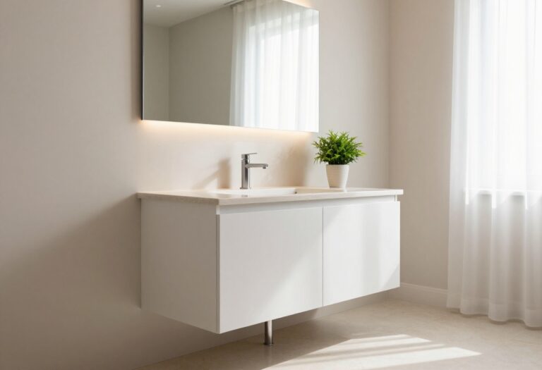 Bright modern bathroom vanity with stone countertop, white basin, dark glass mirror wall, and warm hidden lighting, styled like a Minecraft-inspired build