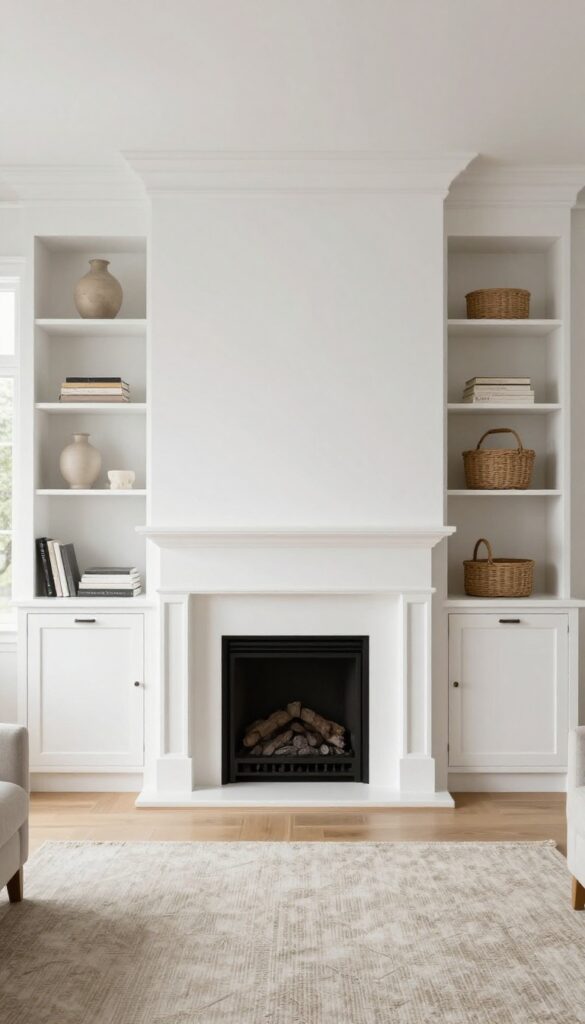 Bright living room with a fireplace alcove framed by symmetrical white custom built-ins, open shelves styled with a vase, books, and baskets, and an upgraded mantel in natural daylight.