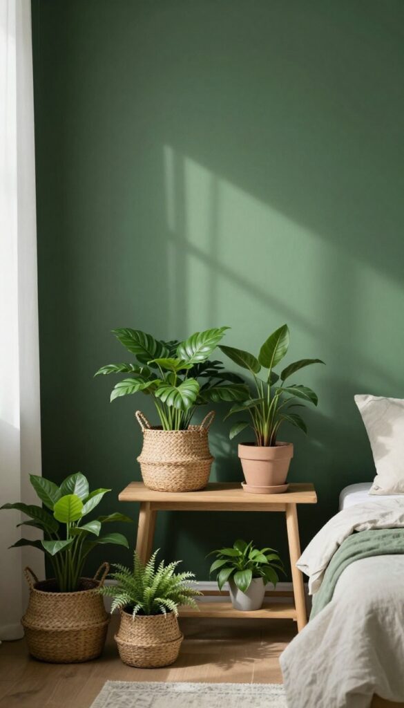 Bright bedroom corner with forest green walls and layered houseplants in woven baskets and clay pots, styled with natural textures and soft daylight.