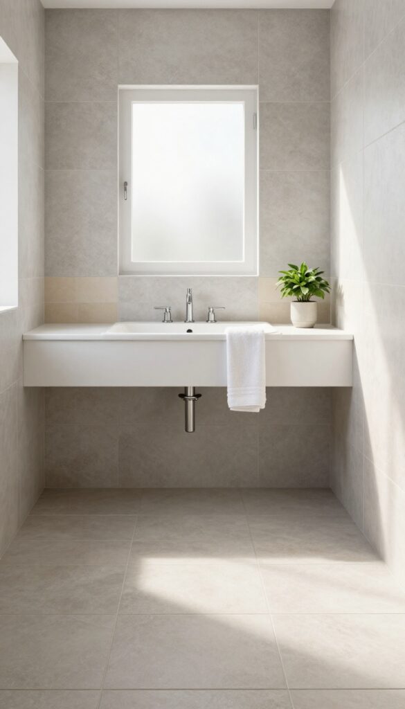 Bright square bathroom with large light gray vertical wall tiles, diagonally laid floor tiles, and a white floating vanity in natural daylight