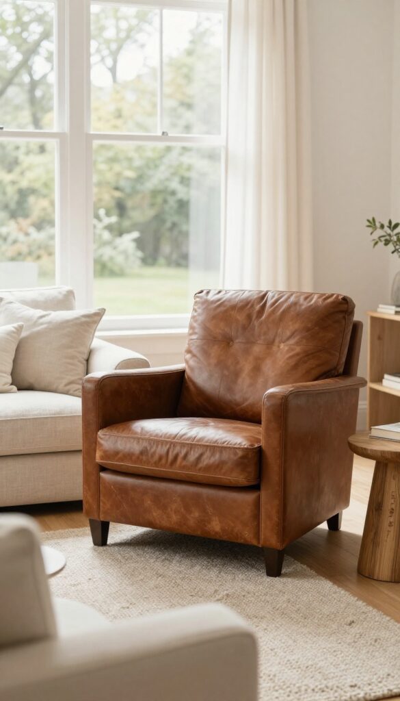 A single brown leather armchair as the focal point in a bright living room with light linen and wood furniture