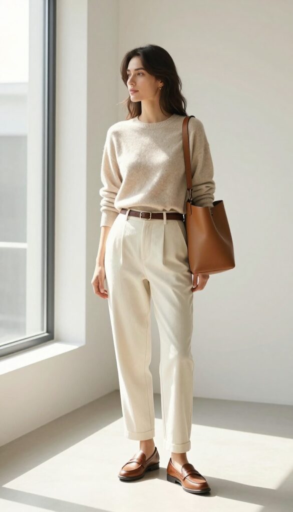 Woman in beige crewneck and tailored cream trousers with belt, loafers, and structured tote in bright minimalist room.