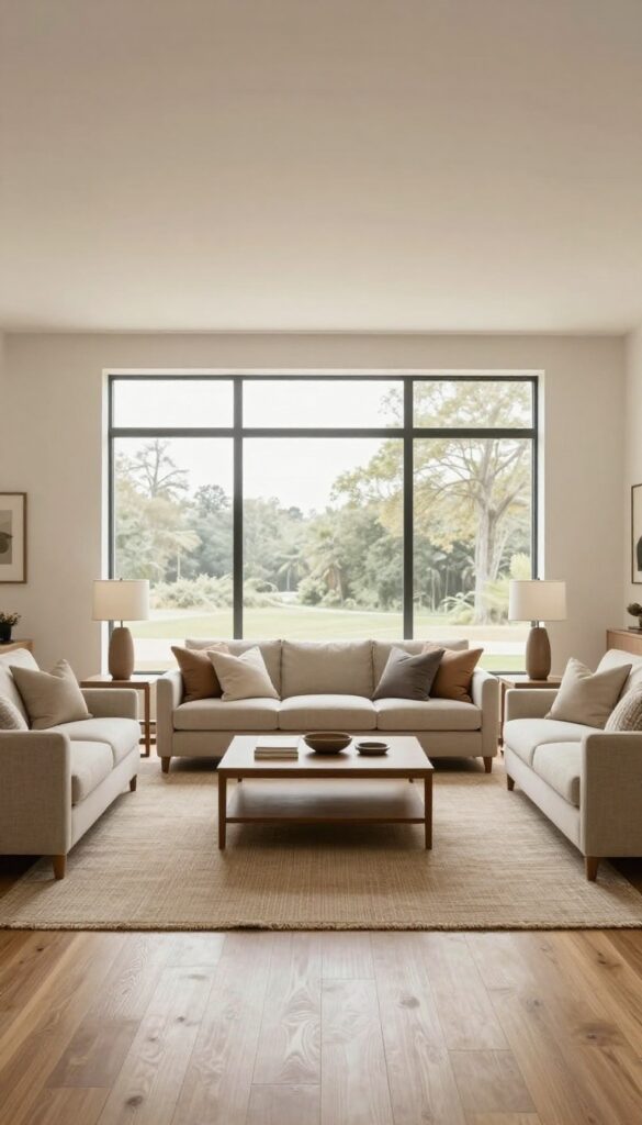 Symmetrical rectangular living room with a centered sofa, matching lamps, and a centered coffee table in bright natural light.