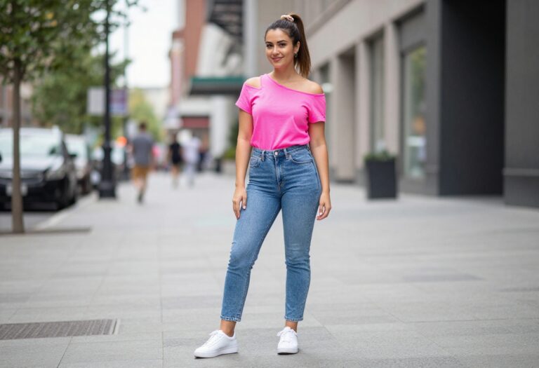 Woman in 80s-inspired neon top and acid-wash jeans posing on a city street
