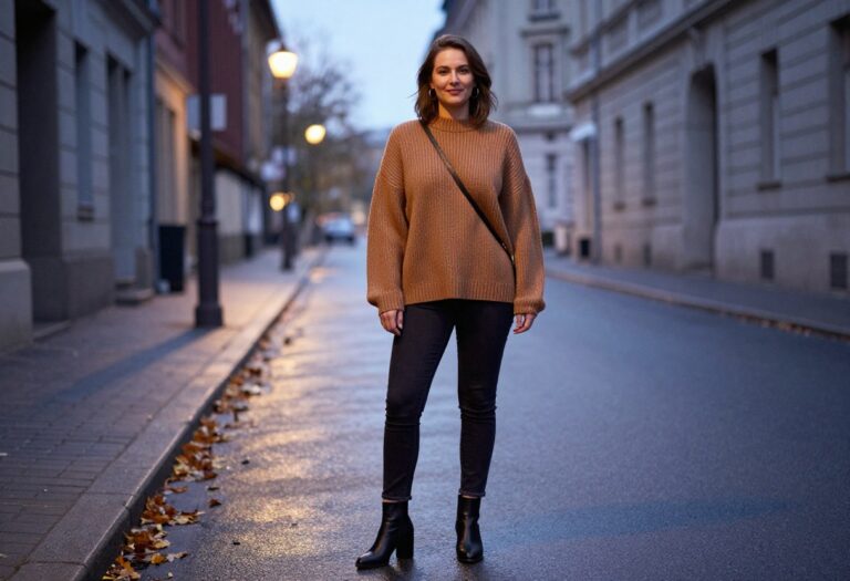 Woman wearing skinny jeans, ankle boots, and a chunky knit sweater standing on an autumn street at dusk.