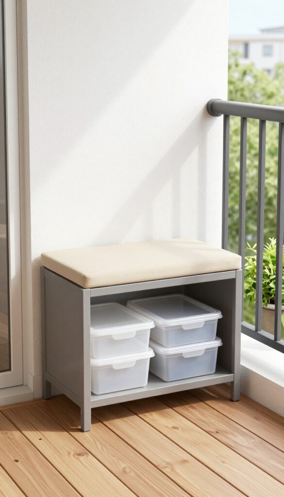 A neutral gray outdoor storage bench with beige cushions on a small balcony, offering hidden storage and seating in bright natural light.