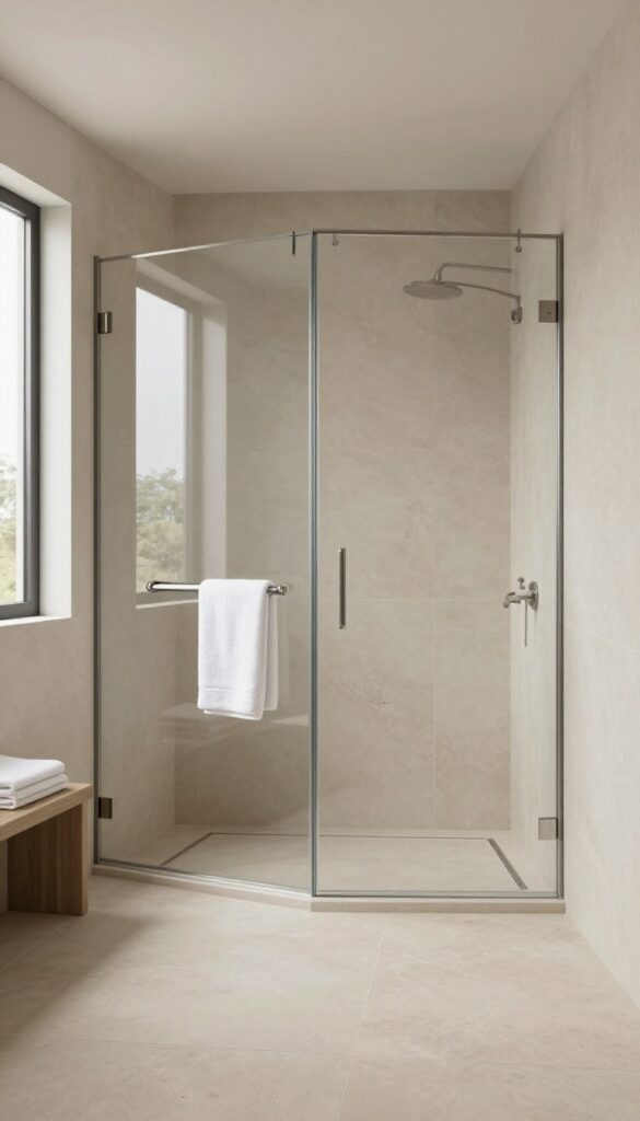 Bright modern bathroom with a curbless walk-in shower, continuous matte stone-look tile floor, frameless glass panel, and a linear drain along one side in soft natural light