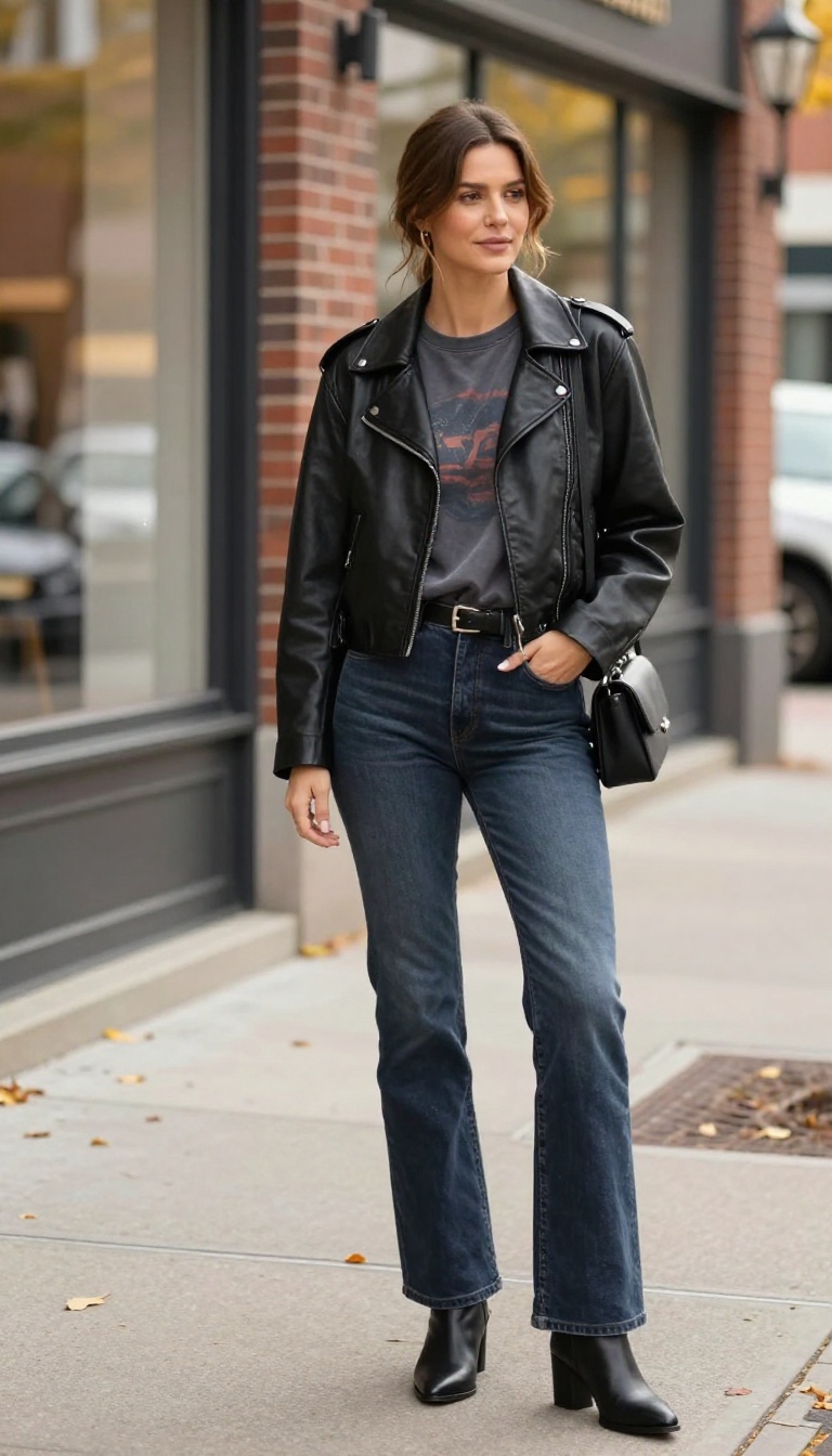 9. Leather Jacket and Flared Jeans