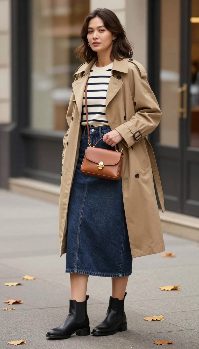 6. Denim Skirt and Striped Breton Top with Ankle Boots