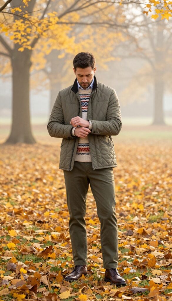 Man in quilted jacket and Fair Isle sweater with chinos in autumn park