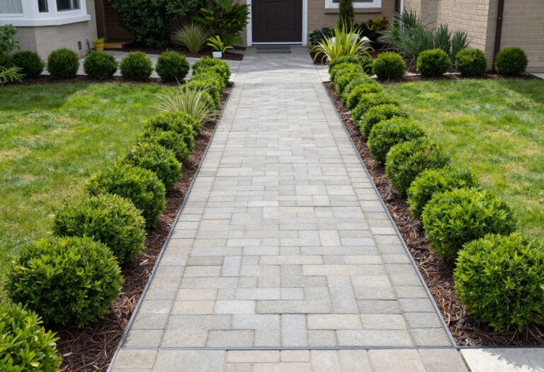 Small front yard with a defined stone paver entry path, tidy shrubs, and bright natural light
