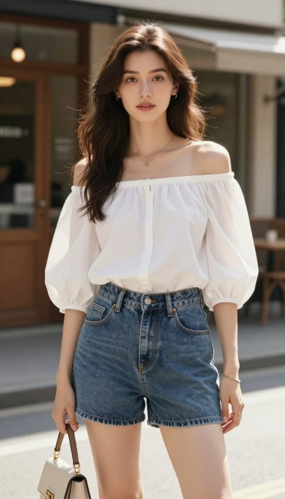Woman wearing denim shorts with an off-shoulder white top, sandals, and a small handbag on a sunny summer street, styled for a brunch or date look.
